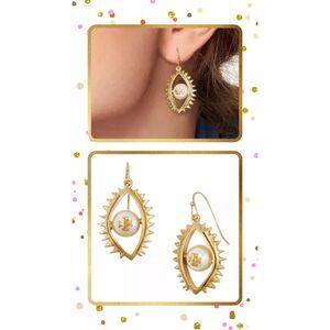 TORY BURCH Asymmetrical Gold Pearl Evil Eye Logo Drop Earrings